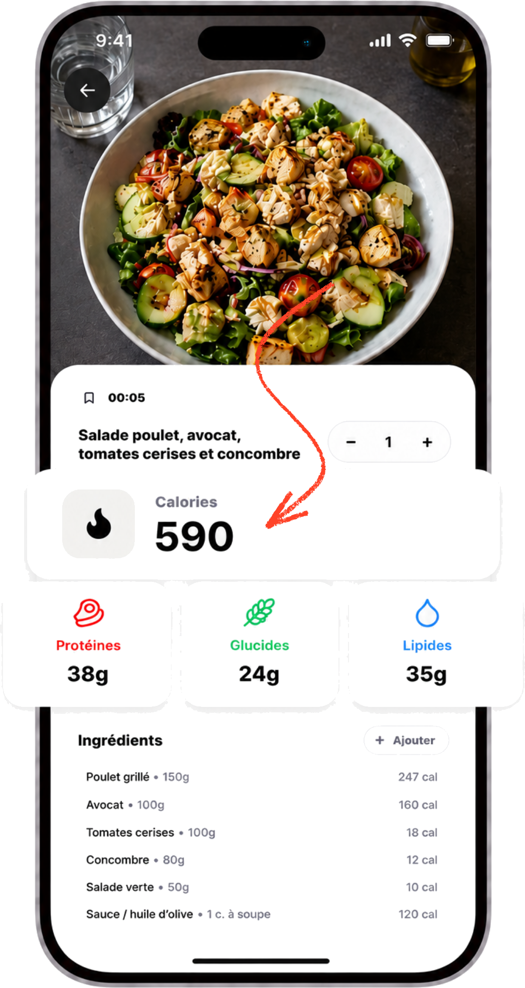 Écran Nutrily avec calories et macros calculées
